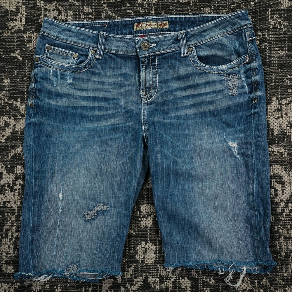 BKE Stella Distressed Denim Jean Shorts Mid Rise Boot Womens L-XL 32-33.5 Grunge